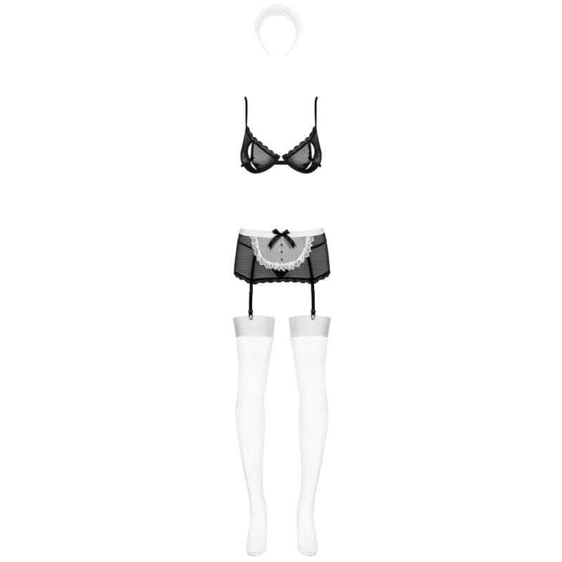 sexy maid lingerie set featuring a black bra, garter belt, and fishnet stockings with a headband.