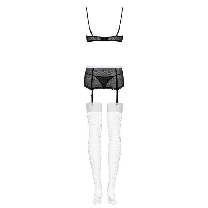 Maidme Set 5 Pc: sexy lingerie set featuring bra, garter belt, panties, and fishnet stockings for intimate essentials for her.