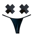 Dom Squad black wet vinyl pastie and g-string set featuring matching black pasties and a sleek G-String.