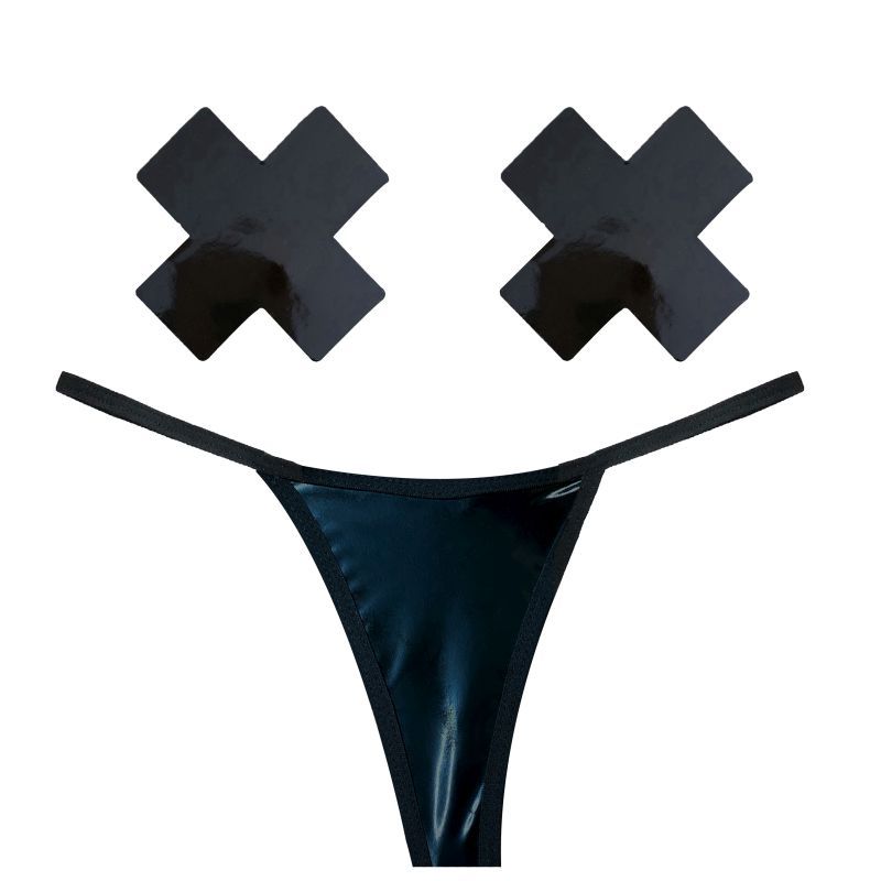 Dom Squad black wet vinyl pastie and g-string set featuring matching black pasties and a sleek G-String.
