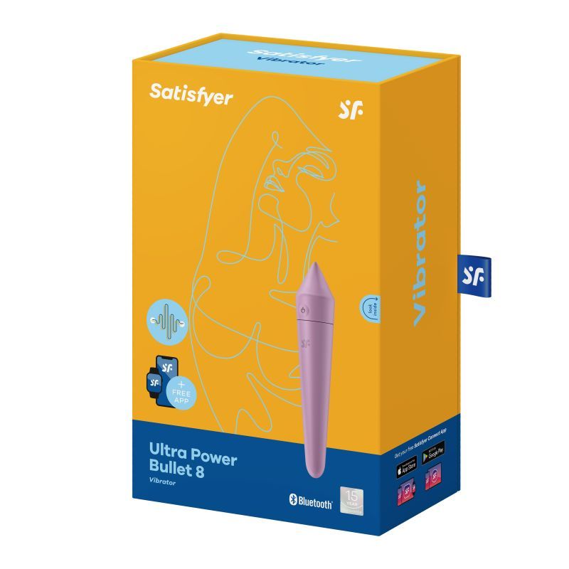 Satisfyer Ultra Power Bullet 8 packaging showcasing vibrational benefits and sleek design.