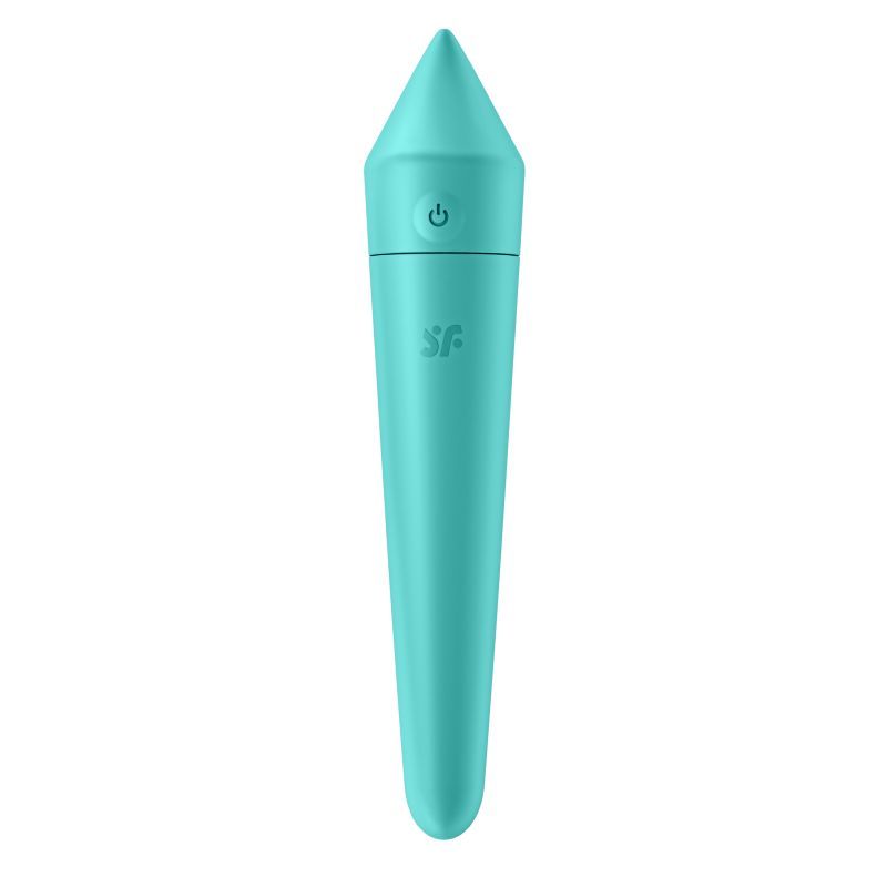 Satisfyer Ultra Power Bullet 8 in turquoise color with a cone shape and user-friendly button.