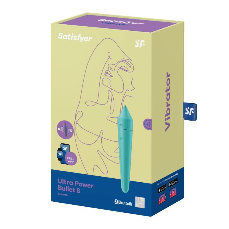 Satisfyer Ultra Power Bullet 8 packaging featuring a turquoise bullet vibrator with app compatibility.