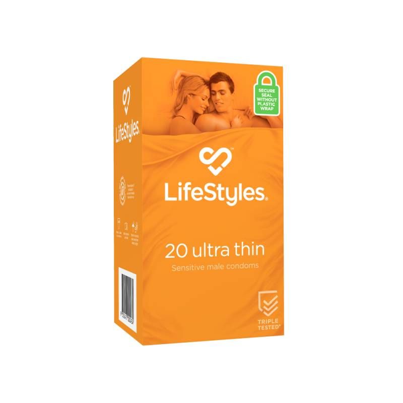 LifeStyles Ultra Thin Condoms 20 packaging showcasing maximum sensitivity and comfort fit for intimate essentials.