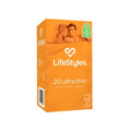 LifeStyles Ultra Thin Condoms 20 packaging showcasing maximum sensitivity and comfort fit for intimate essentials.