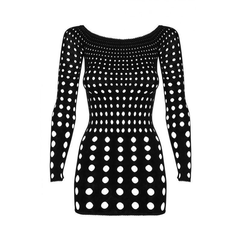 black rocker dress featuring a polka dot design with long sleeves and a flattering off-the-shoulder neckline.