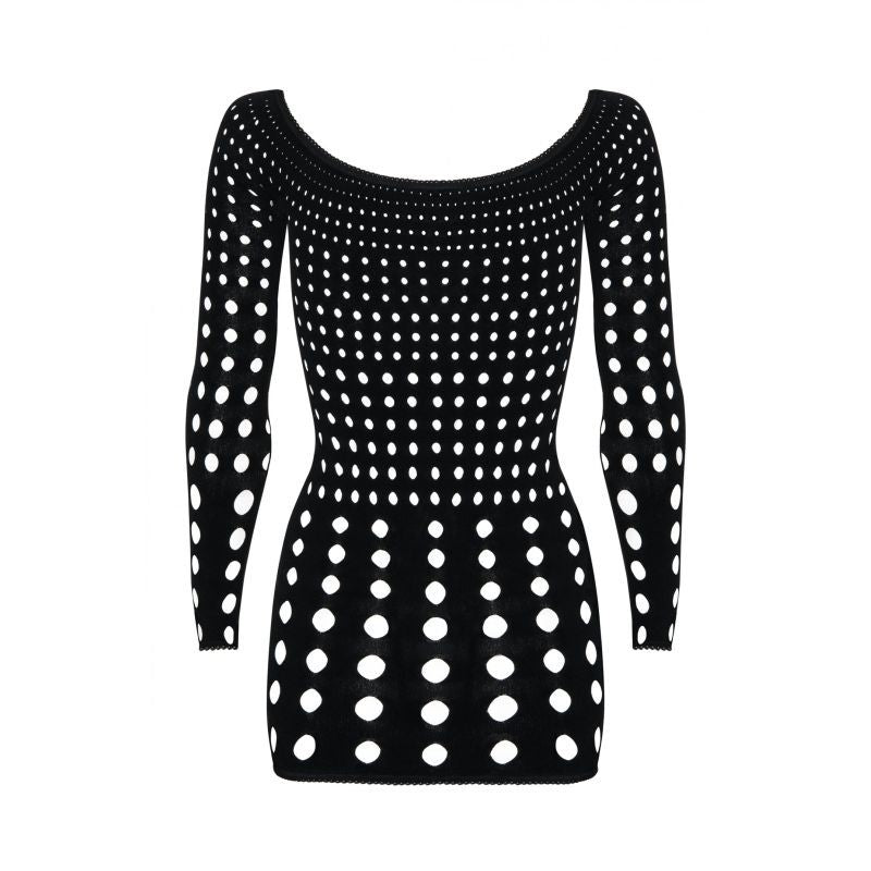 black rocker dress featuring polka dot pattern and long sleeves for a stylish and flirty look.