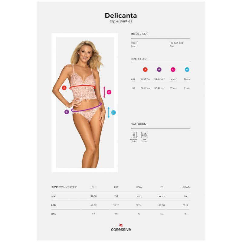Model wearing Delicanta pink lace lingerie showcasing size chart and features of the top and panties set.
