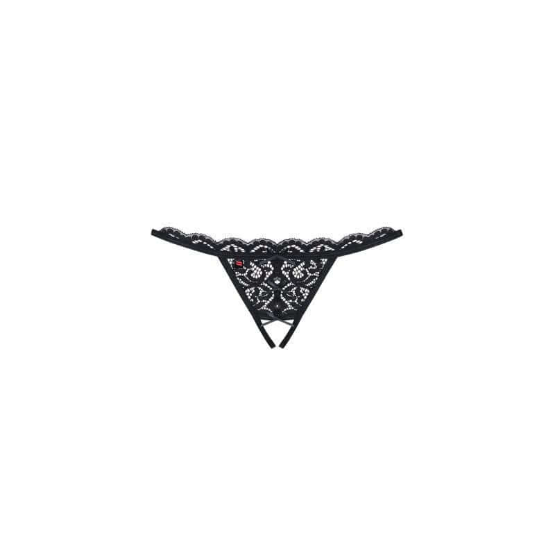 Crotchless Lace Thong 831 Black stylish lacy design with open crotch and satin bows for a seductive look.