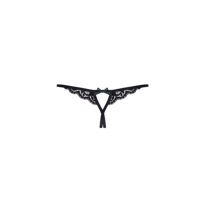 Crotchless Lace Thong 831 Black featuring lacy design, open crotch, and satin bows for a sexy allure.