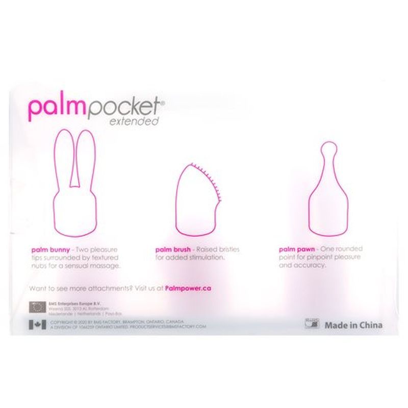 PalmPower Pocket Extended Silicone Massage Heads Set, featuring Palm Bunny, Palm Brush, and Palm Pawn attachments.