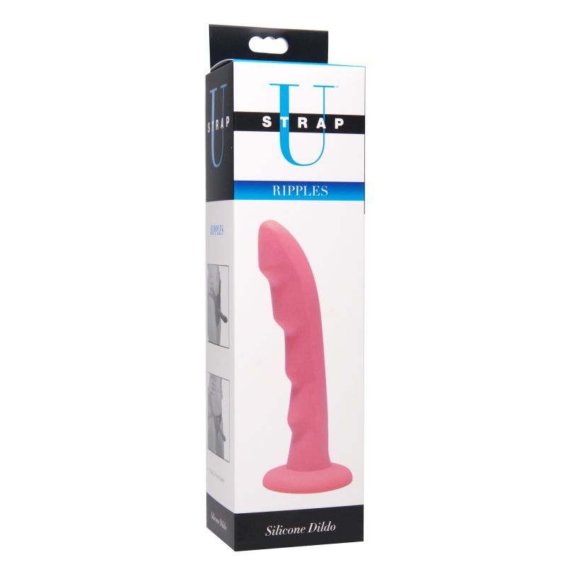 Ripples silicone dildo for harness play in pink packaging, designed for strap-on experiences and solo pleasure.