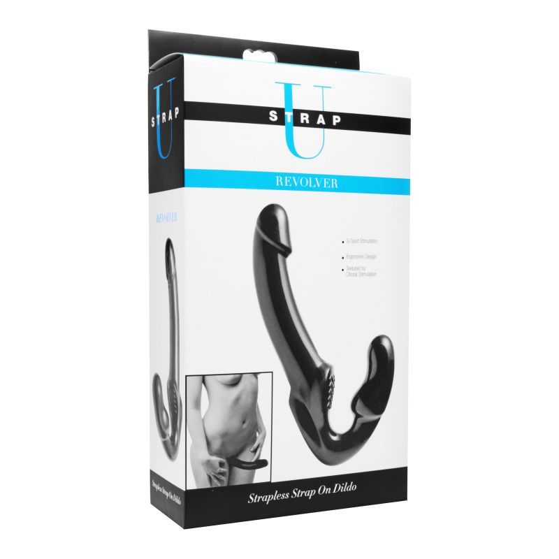 Revolver II Strapless Strap On Dildo packaging showcasing angled tip and ergonomic design for perfect G spot stimulation.