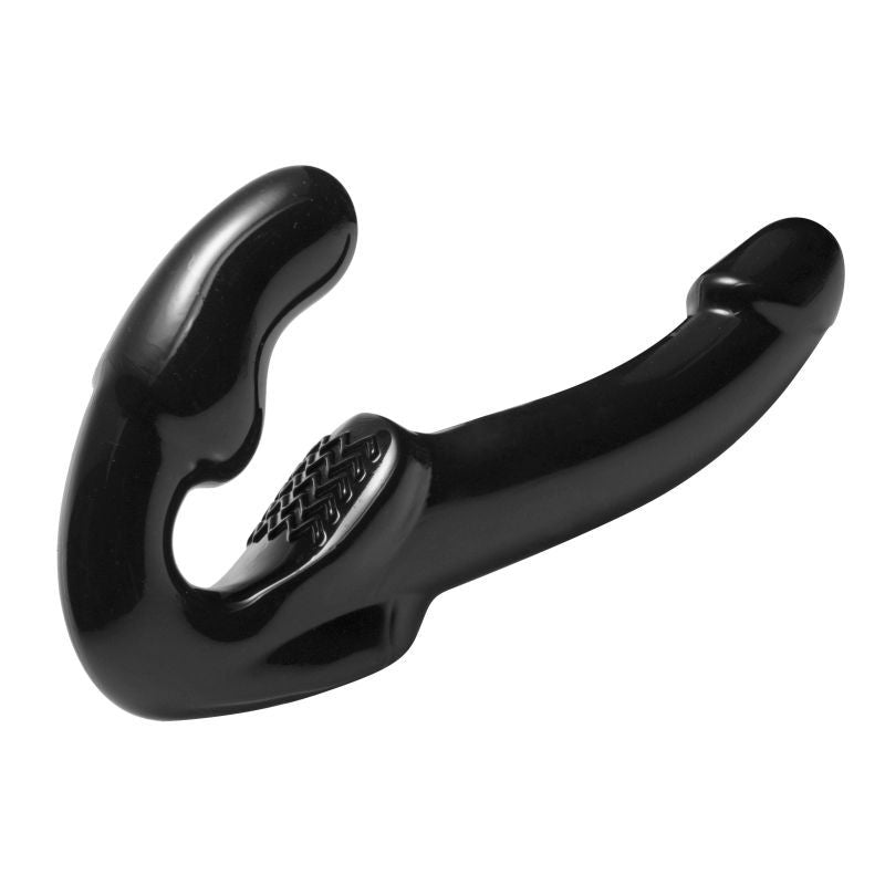 Revolver II Strapless Strap On Dildo featuring ergonomic design, textured pad for clitoral stimulation, and angled tip for G spot stimulation.