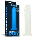Lumino Play dildo 8in, a glow in the dark dildo packaged for adult fun.