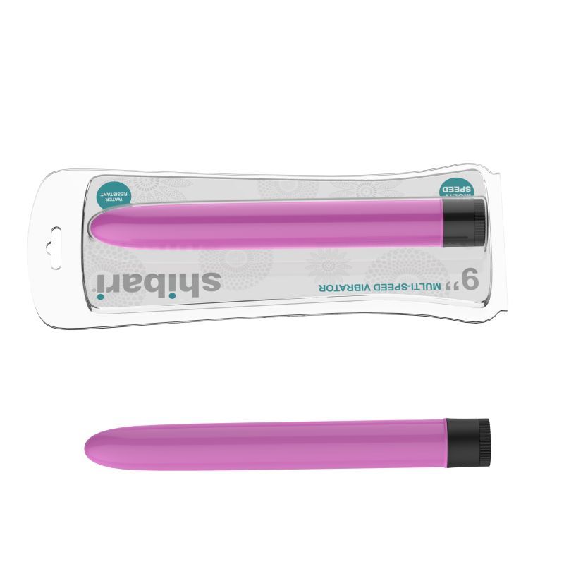 Shibari 9in pink multi-speed vibrator, powerful and water-resistant in sleek packaging.