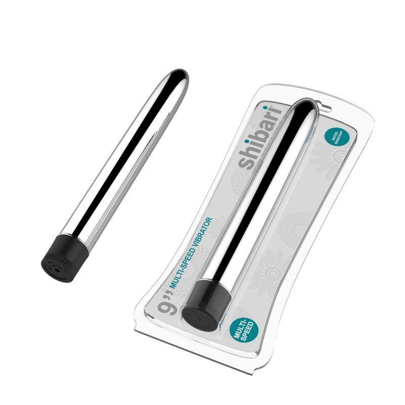 Shibari Multi-Speed Vibrator 9in Silver packaging and product view, showcasing the multi-speed silver vibrator.