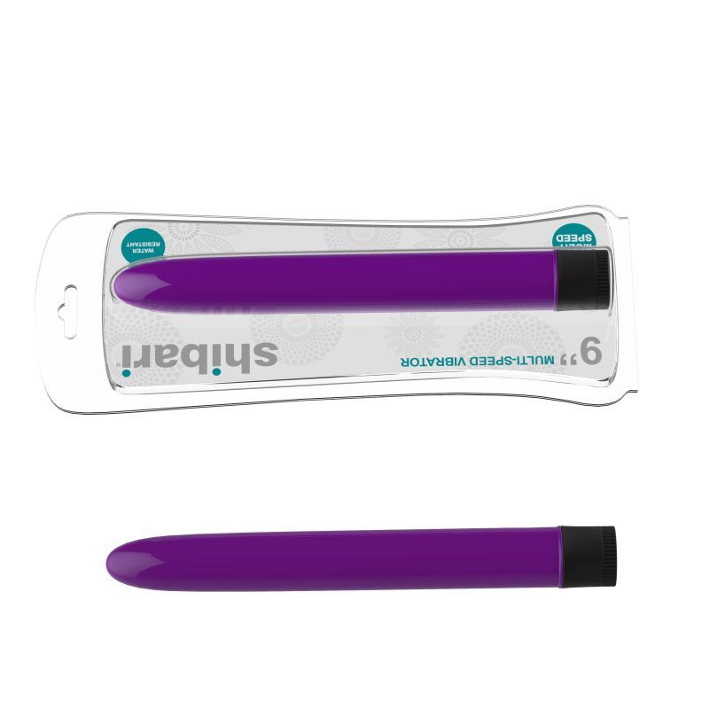 Purple multi-speed vibrator displayed in packaging, showcasing its sleek design and vibrant color.