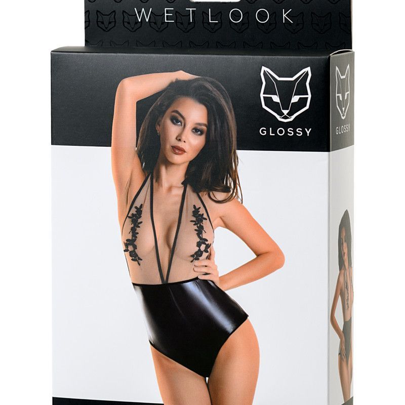 Glossy Wetlook Bodysuit Kiara featuring a halter neck style and floral adornment, showcasing the wetlook bodysuit with halter neck.