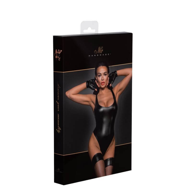 Power Wetlook Bodysuit w High Cut Leg showcasing high cut wetlook bodysuit in packaging.