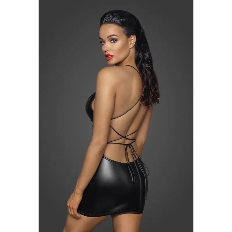 Power Wetlook Mini Dress w Lace Up Back Noir Discreet Intimate Essentials.