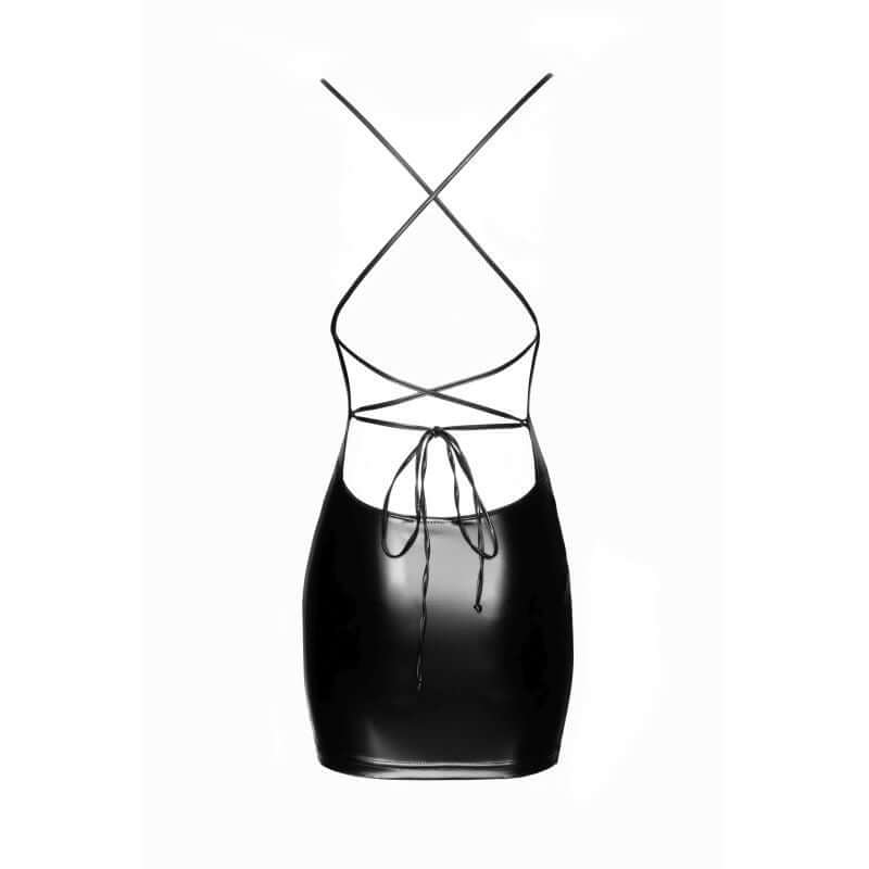 Power wetlook mini dress featuring a deep neckline and lace-up back for a sultry look.