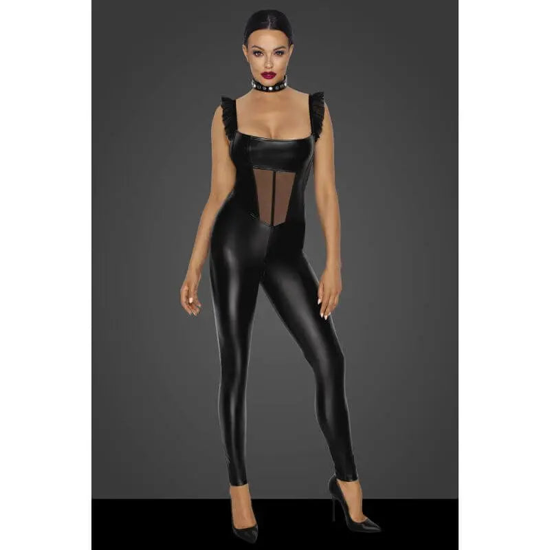 Power Wetlook Overall w Tulle Panel Noir Discreet Intimate Essentials.