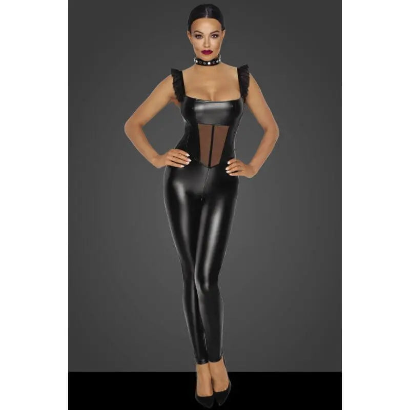 Power Wetlook Overall w Tulle Panel Noir Discreet Intimate Essentials.