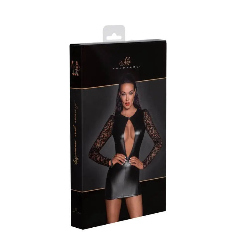 Power Wetlook Short Dress w Lace Sleeves Noir Discreet Intimate Essentials.