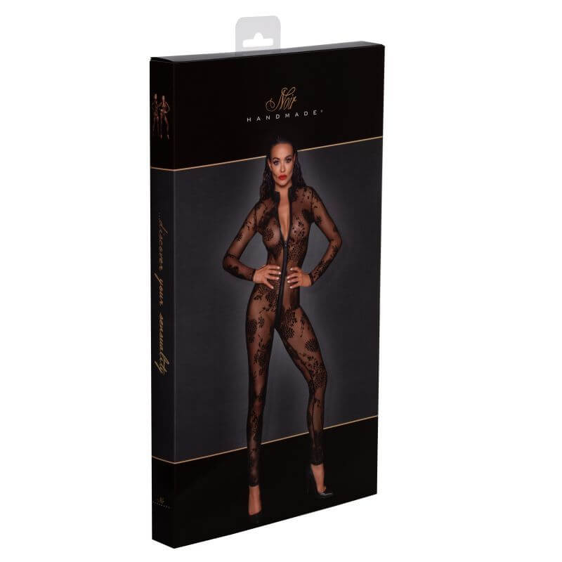 Long Tulle Overall w 3 Way Zipper packaging featuring a model showcasing sheer tulle and flock embroidery design.