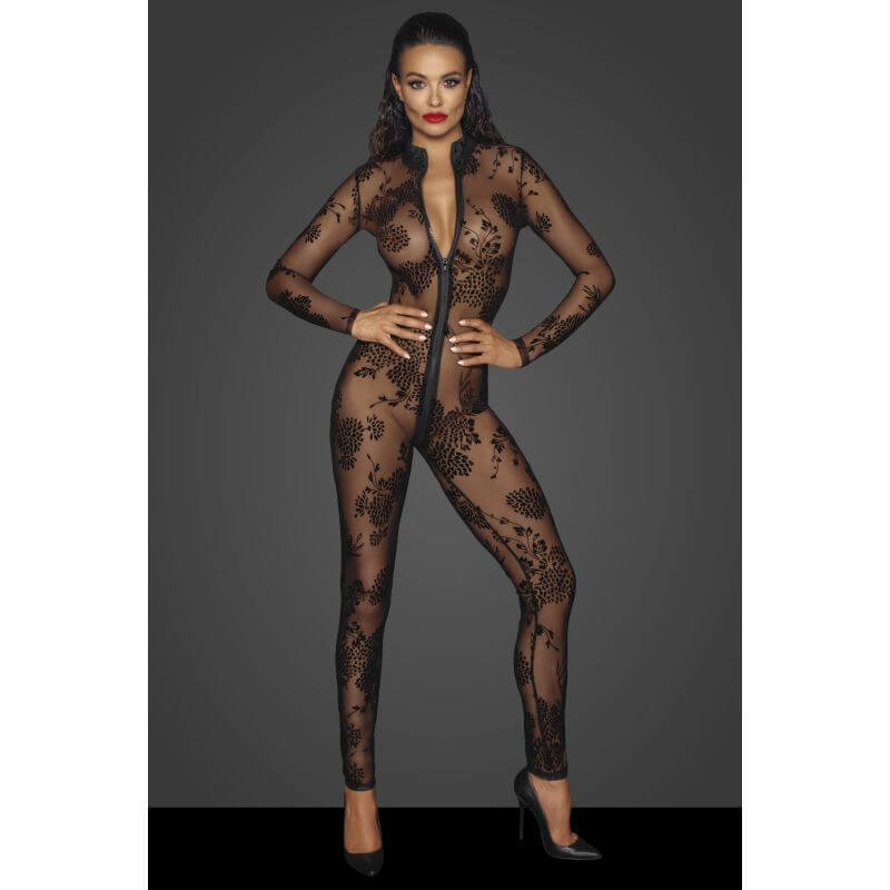 Long tulle overall with zipper featuring flock embroidery and a daring 3 way zipper design.