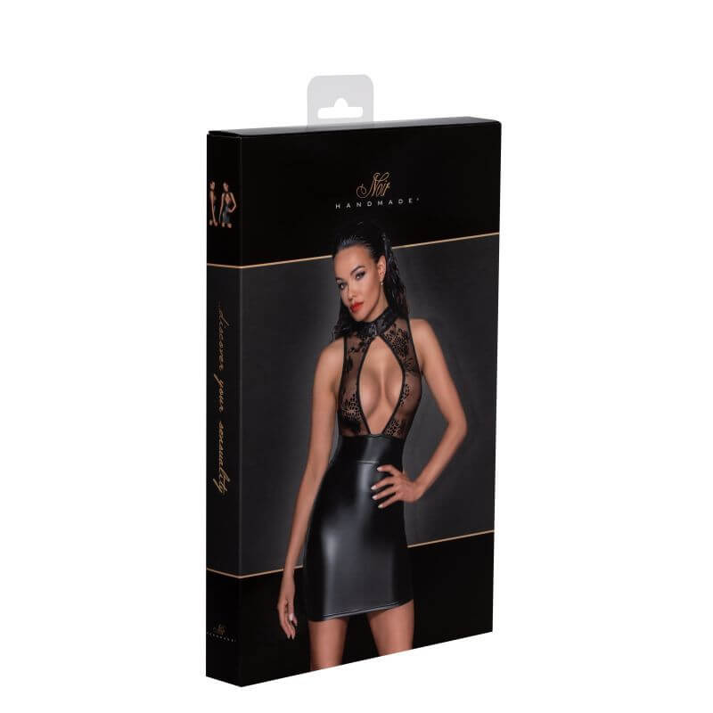Power Wetlook Short Dress w Skirt & Tulle Top packaging featuring plunging neckline and stylish design.