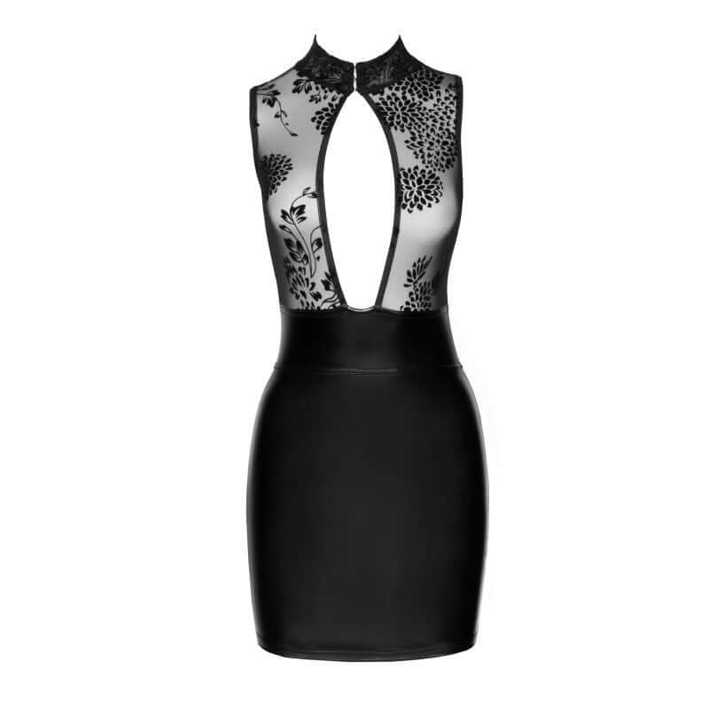 Power Wetlook Short Dress w Skirt & Tulle Top, featuring a plunging neckline and patterned tulle details, perfect for a night out.