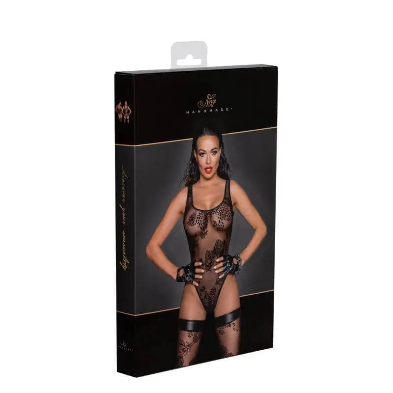 Tulle Bodysuit  w Patterned Flock Embroidery Noir Discreet Intimate Essentials.