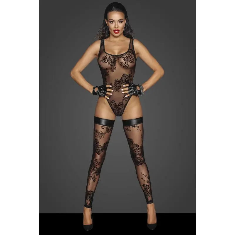 Tulle Bodysuit  w Patterned Flock Embroidery Noir Discreet Intimate Essentials.