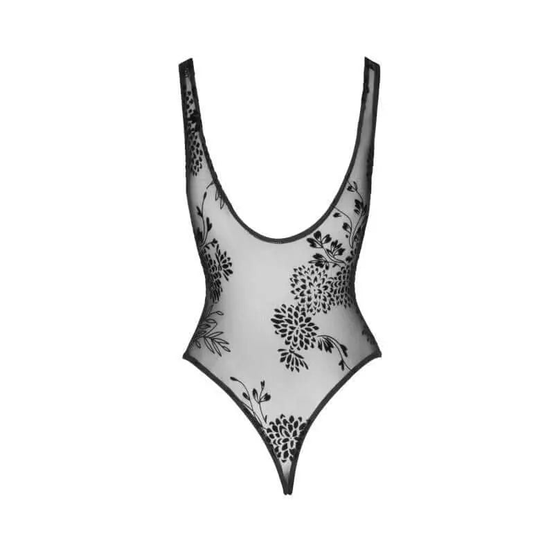 Tulle Bodysuit  w Patterned Flock Embroidery Noir Discreet Intimate Essentials.