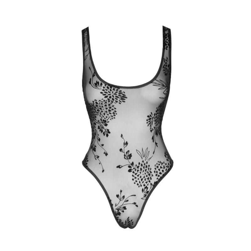 Tulle bodysuit with flock embroidery showcasing delicate floral patterns and a sheer design.