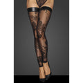 Tulle Stockings w Patterned Flock Embroidery & Power Wetlook Band showcasing sheer design and elegant black floral patterns.