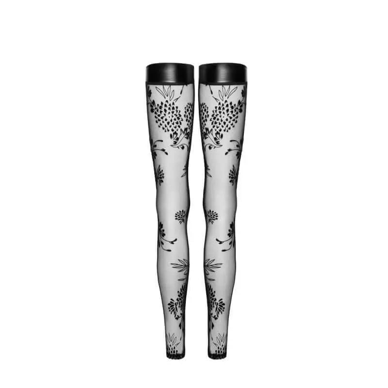 Tulle Stockings w Patterned Flock Embroidery & Power Wetlook Band Noir Discreet Intimate Essentials.