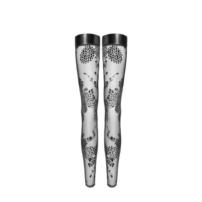 Tulle Stockings w Patterned Flock Embroidery & Power Wetlook Band Noir Discreet Intimate Essentials.