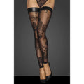 Tulle Stockings w Patterned Flock Embroidery & Power Wetlook Band Noir Discreet Intimate Essentials.