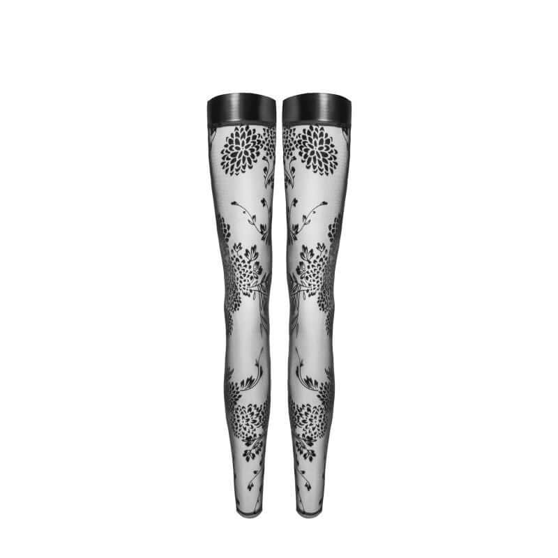 Tulle Stockings w Patterned Flock Embroidery & Power Wetlook Band showcasing intricate designs for intimate essentials.
