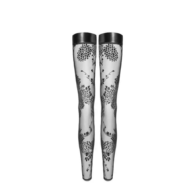 Tulle Stockings w Patterned Flock Embroidery & Power Wetlook Band Noir Discreet Intimate Essentials.