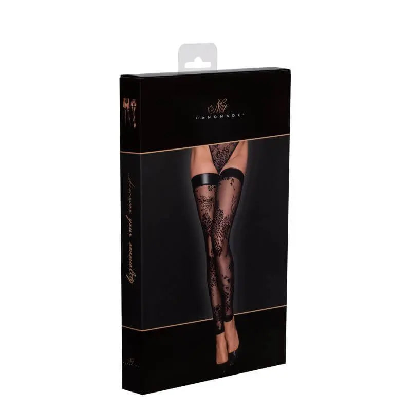Tulle Stockings w Patterned Flock Embroidery & Power Wetlook Band Noir Discreet Intimate Essentials.
