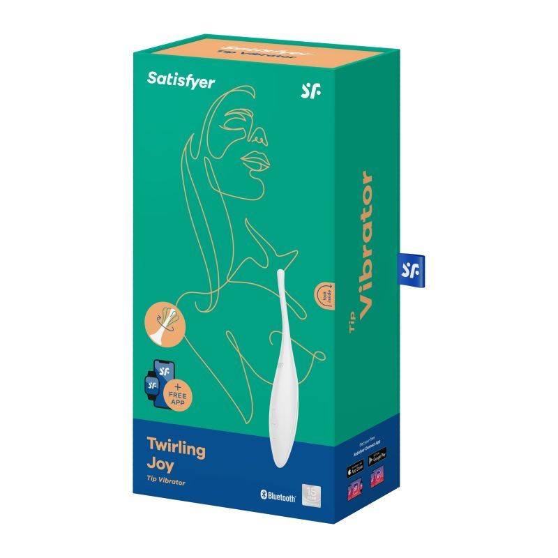 Satisfyer Twirling Joy Tip Stimulator packaging showcasing its stylish design and features for precise stimulation.