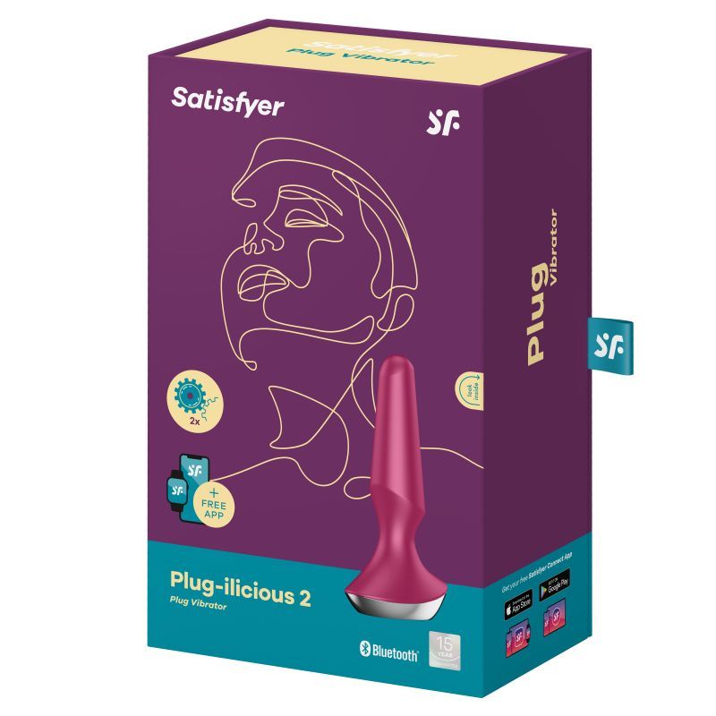 Satisfyer Plug-ilicious 2 packaging featuring a rechargeable plug vibrator with Bluetooth and free app access.