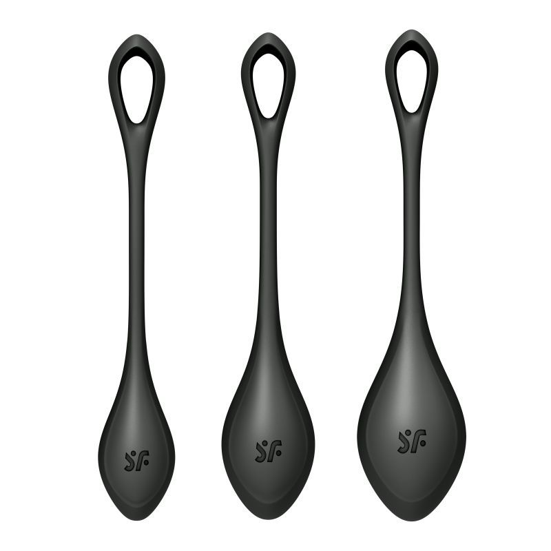 Satisfyer Yoni Power Balls 2 Black 3 Pc Set, three black silicone balls for pelvic floor muscle training.
