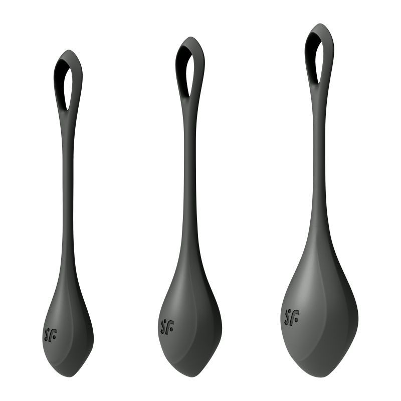 Satisfyer Yoni Power Balls 2 Black 3 Pc Set showcasing body-safe silicone balls for pelvic floor training.