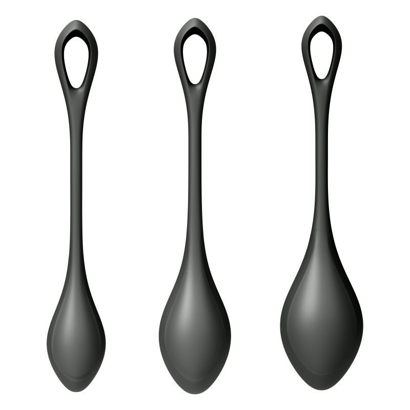 Satisfyer Yoni Power Balls 2 Black 3 Pc Set featuring three black silicone yoni training balls.