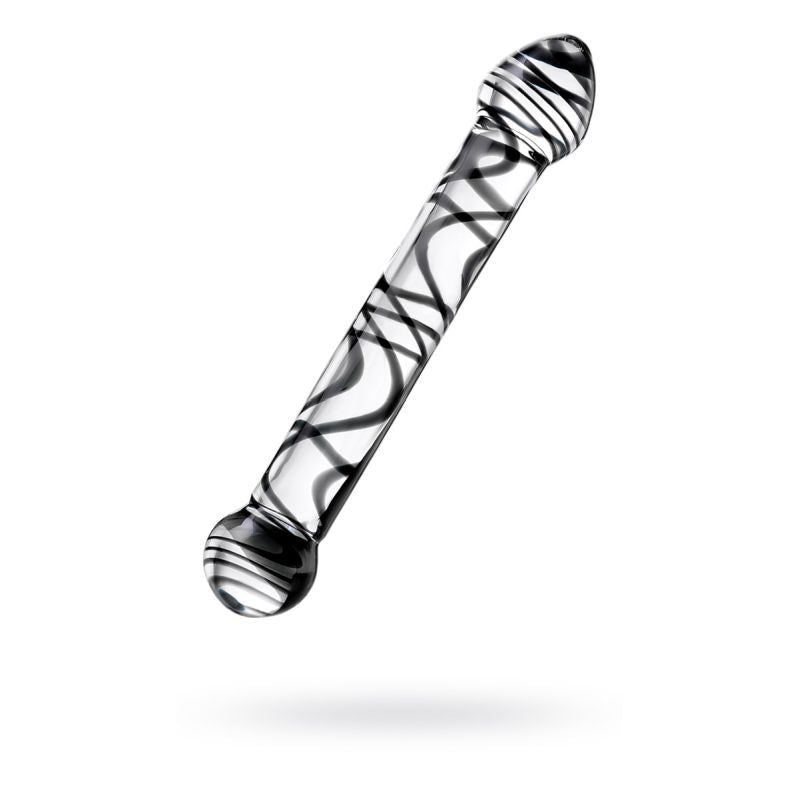 Stylish Sexus glass dildo for couples with black swirl design, perfect for anal or vaginal stimulation.